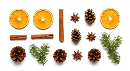 Collection of natural winter and Christmas elements including dried orange slices, cinnamon, and pine cones isolated on white
