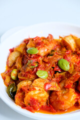 Indonesian homemade food, balado udang petai, made from stink bean or Parkia speciosa, prawn and red chili