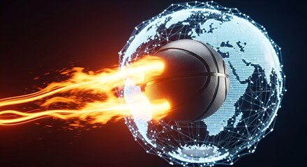 A silver basketball soars through a digital globe trailing fiery energy on a dark backdrop glow