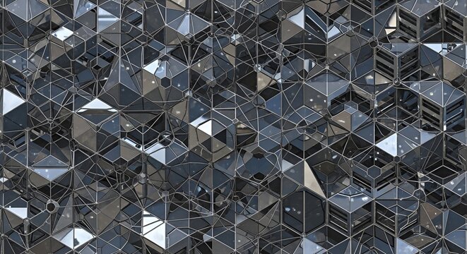 Abstract geometric background featuring interlocking dark metal and glass triangular panels pattern.