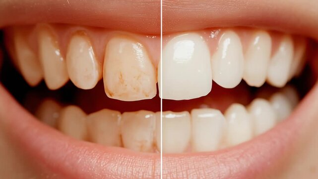 Close up of a mouth showing a comparative view of tooth enamel with noticeable yellowing on one side and whitening on the other.