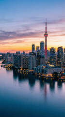 Obraz premium Beautiful Toronto skyline at sunset with city lights reflecting on the water, perfect for night photography or scenic views.