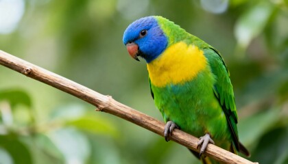Fototapeta premium Vivid lorikeet perched on branch, natural bokeh background, vibrant color detail, exotic bird portrait