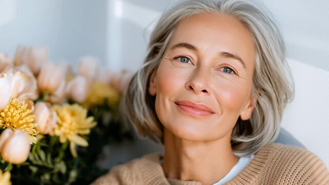 Portrait of a mature woman with silver hair holding a bouquet of tulips warm soft light and a calm smile. - Powered by Adobe