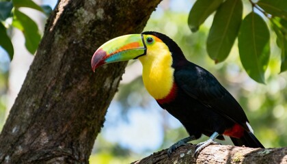 Naklejka premium Vivid Toucan Perched on Tree Branch Amidst Tropical Foliage, Vibrant Beak, Natural Light, Wildlife Portrait