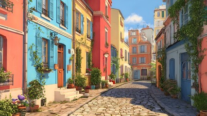 Obraz premium A colorful, narrow European street with cobblestone pavement, lined with old charming buildings painted in vibrant colors such as blue, red, yellow, and earthy tones.