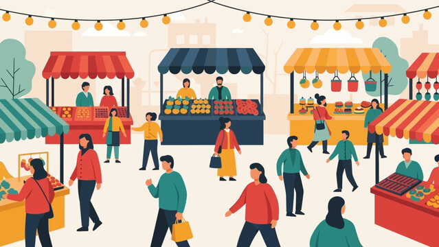 Vibrant outdoor market scene with people shopping and socializing among colorful stalls and string lights on a warm sunny day.