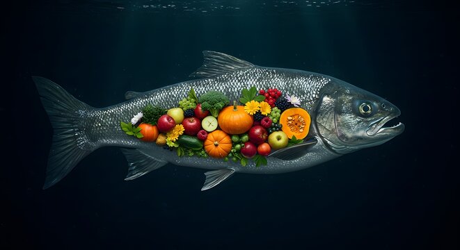 Surreal image depicting a fish body filled with various colorful fruits and vegetables underwater