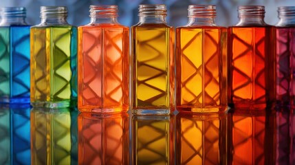 Row of vibrant liquid filled bottles showcasing a gradient of rainbow colors.
