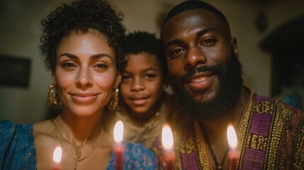 A happy family celebrates a holiday, Black people celebrating Kwanzaa festival Happy Kwanzaa Celebrations, for banner, social media feed wallpaper stories. High quality