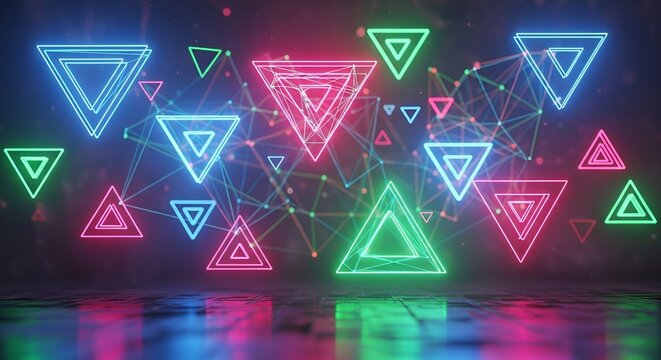 Dynamic composition of glowing neon triangles interconnected with lines and dots in vibrant hues. - Powered by Adobe
