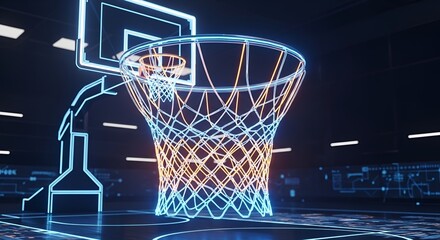 Futuristic basketball hoop rendered in glowing neon lights stands ready for a cybernetic game.