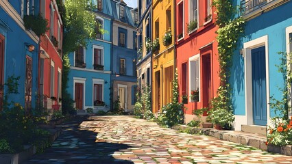 A colorful, narrow European street with cobblestone pavement, lined with old charming buildings painted in vibrant colors such as blue, red, yellow, and earthy tones.