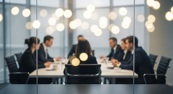Blurred view through glass partition of a serious business meeting with multiple executives sitting around a conference table in a modern office setting - Powered by Adobe