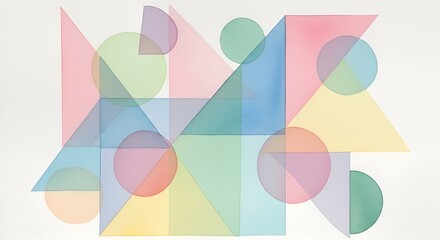 Pastel geometric composition featuring overlapping circles, triangles, and squares in soft colors.