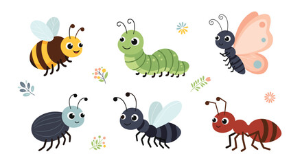 Cute and colorful cartoon insects: a bee, caterpillar, butterfly, beetle, fly, and ant, illustrated with whimsical floral accents.