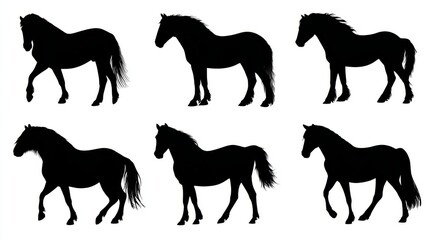 Set of six haflinger horse silhouette vector designs, isolated stallion and mare illustrations for equestrian, riding, and animal-themed projects