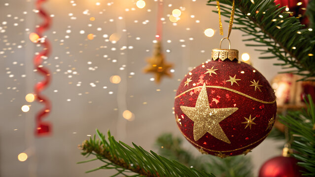 Christmas tree with glass baubles and colorful ornaments on a green winter branch for holiday celebration and new year decoration - Powered by Adobe