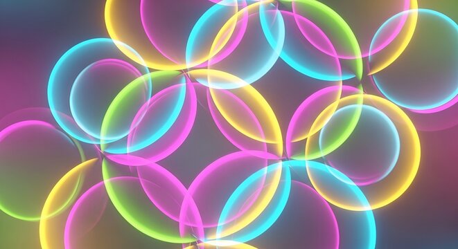 Overlapping translucent circles create a modern, vibrant digital art piece with neon glow effects.