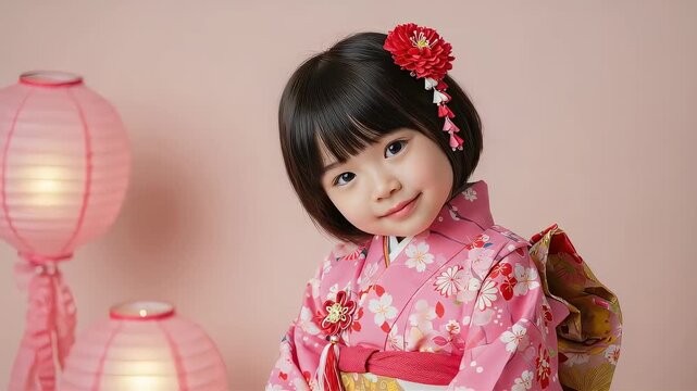 ピンクの着物と豪華な髪飾りの幼女、愛らしく微笑む動画