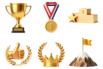 Golden Achievement Icon Set: Trophy, Medal, Podium, Thumbs Up, Crown, and Mountain