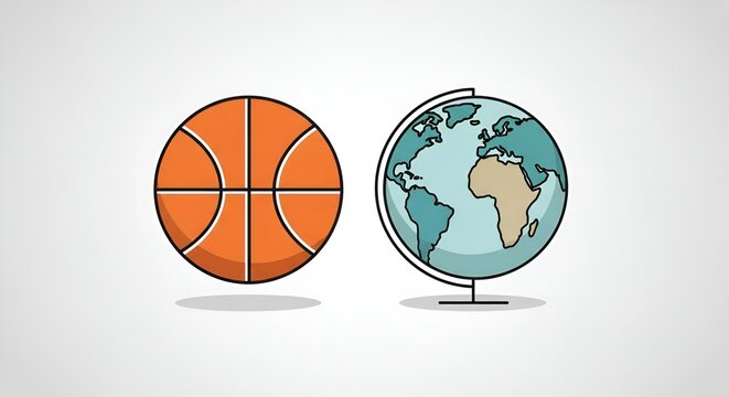 Stylized illustration featuring a basketball and a world globe symbolizing sports and travel themes.