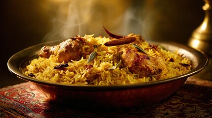 Delicious chicken biryani, steaming hot and ready to be served for dinner.