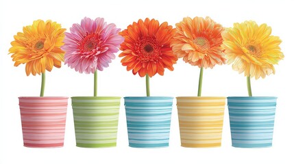 Vibrant Assortment Of Gerbera Daisies In Striped Decorative Pots Against White Background