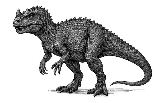 Detailed black and white drawing of a carnotaurus dinosaur