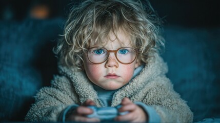 A teenage gamer plays games, gaming addiction, adolescence, console games, vision damage from computer use, a young gamer with glasses plays while sitting in front of the TV. High quality
