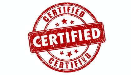 A weathered red seal icon with the word Certified. This grunge-style rubber stamp graphic symbolizes quality assurance and official verification