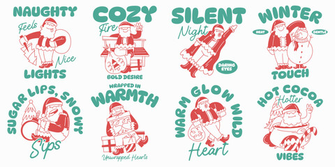 Christmas cozy winter cartoon graphic vector illustration, Festive Holiday t-shirt design collection for print, Funny Christmas quotes packs