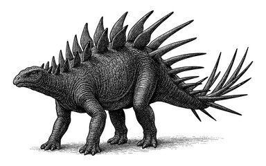Fototapeta premium Detailed black and white engraving of prehistoric dinosaur with spikes