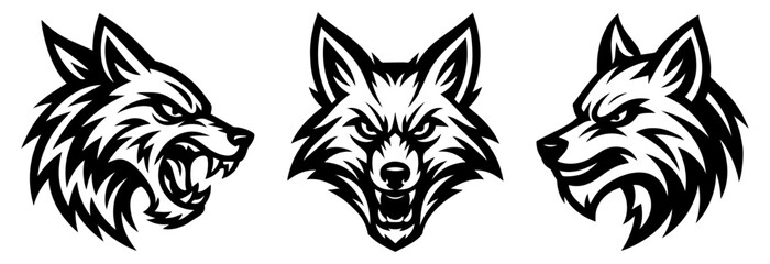 Stylized Fox Head Illustrations in Bold Black and White &ndash; Fierce Animal Graphics Featuring Snarling, Intense, and Confident Expressions for Mascots, Emblem, Tattoos, Logos, and Tribal-Inspired Design 