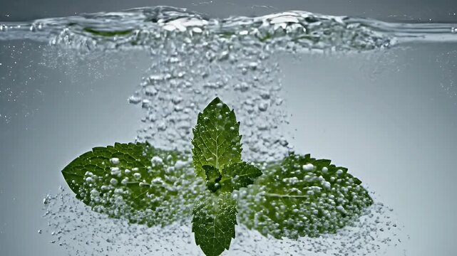 A bright green sprig of mint submerged in clear water with bubbles