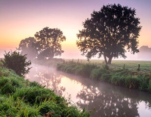 Sunrise over serene river with trees casting shadows, mist rising, and reflections in calm water