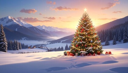 A decorated Christmas tree with red ornaments and glowing star stands in snowy forest, backed by mountains and sunset sky, beside a cozy cabin with chimney smoke, evoking serene winter holiday charm.