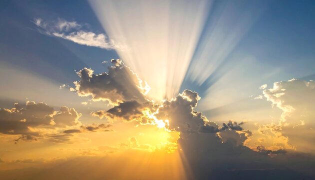 Sun rays burst through clouds in a vibrant blue and golden sky