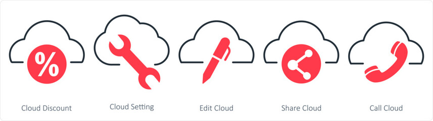 A set of 5 internet icons as cloud discount, cloud setting, edit cloud