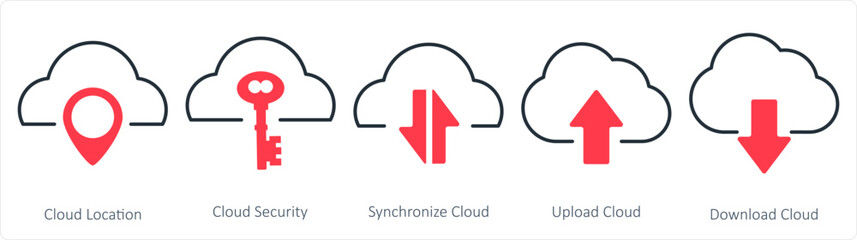 A set of 5 internet icons as cloud location, cloud security, synchronize cloud
