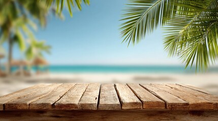 Wooden Picnic Table With Beach View Under Sunlight and Palm Leaves Promoting Summer Vacation Food