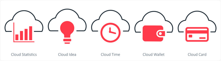 A set of 5 internet icons as cloud statistics, cloud idea, cloud time