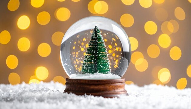 A festive snow globe with a decorated Christmas tree, red ornaments, and golden star glows warmly on snowy surface, surrounded by cozy lights and magical winter ambiance for holiday celebration.