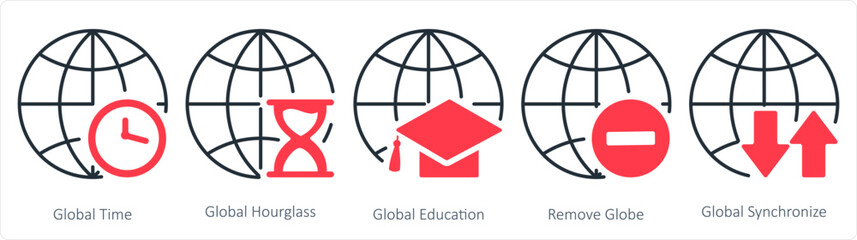A set of 5 internet icons as global time, global hourglass, global education