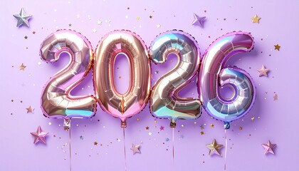 Floating metallic balloon numbers "2026" with pink, blue, and purple gradients, surrounded by gold, silver, and purple star confetti on pastel purple background, evoking festive celebration and future