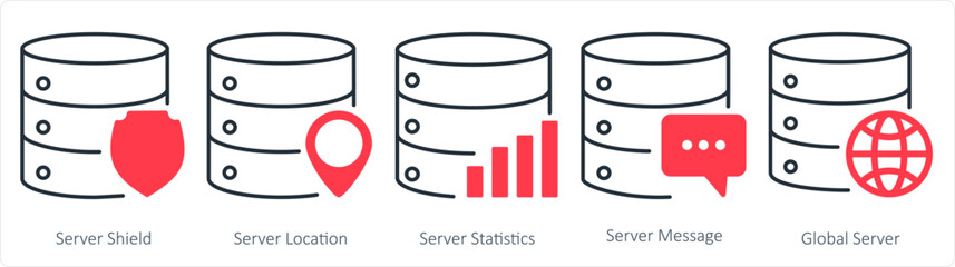 A set of 5 internet icons as server shield, server location, server statistic