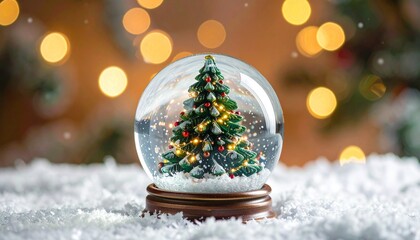 A festive snow globe with a decorated Christmas tree, red ornaments, and golden star glows warmly on snowy surface, surrounded by cozy lights and magical winter ambiance for holiday celebration.