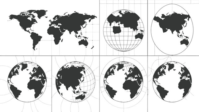 Set of transparent globes of earth world map template with continents realistic globe shape transparent texture and shadow abstract 3d globe icon vector illustration design concept.