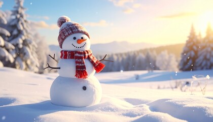 A cheerful snowman with red striped scarf and hat stands in snowy forest on sunny winter day, smiling with carrot nose and coal eyes, evoking playful holiday charm and seasonal outdoor joy.