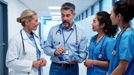 Medical Team Discussing Patient Scans on Tablet in Hospital Hallway 4k Video - Powered by Adobe
